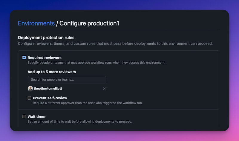Enabling a required reviewer for an environment